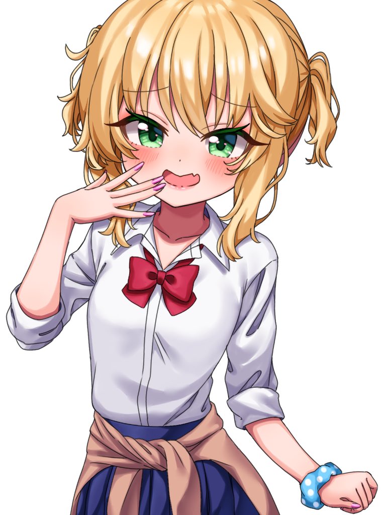 1girl blonde_hair blue_scrunchie blue_skirt blush bow bowtie brown_sweater clothes_around_waist commentary dot_nose eyelashes fang flat_chest green_eyes hand_up idolmaster idolmaster_cinderella_girls looking_at_viewer medium_hair nail_polish open_collar open_mouth pink_nails pleated_skirt red_bow red_bowtie sakurai_momoka scrunchie shirt short_twintails sidelocks sinjin_46 skin_fang skirt smile smug solo sweater sweater_around_waist twintails wavy_hair white_background white_shirt wrist_scrunchie