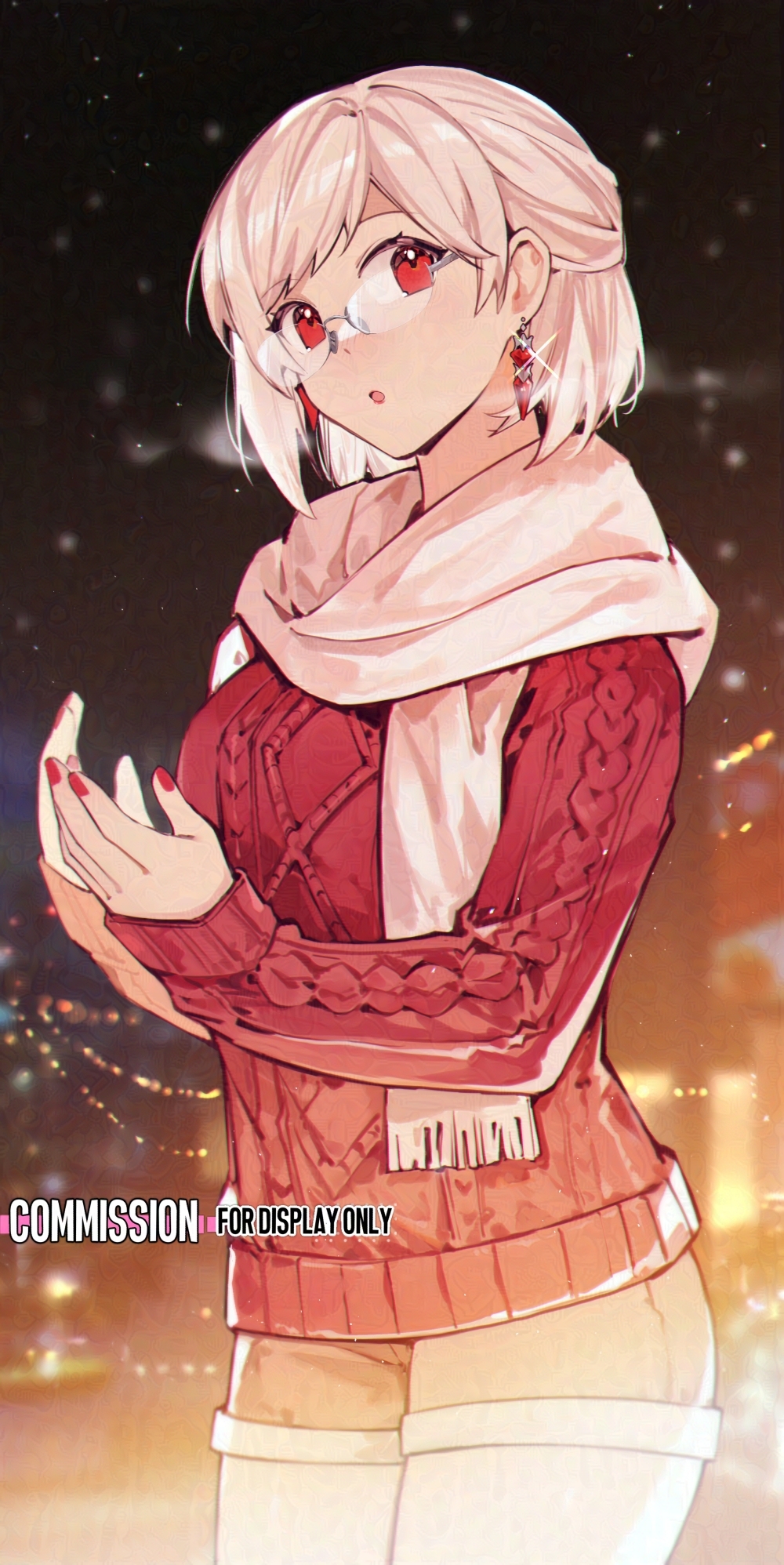 1girl :o blonde_hair blush brown_pants brown_scarf brown_sweater commission cowboy_shot earrings english_text glasses highres jewelry long_sleeves nail_polish night original outdoors pants red_eyes red_nails rimless_eyewear rirene_rn scarf short_hair snowing solo sweater thigh-highs white_thighhighs