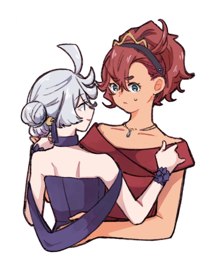 2girls ahoge bare_shoulders black_hairband blue_choker blue_dres blue_eyes choker dancing dress formal grey_hair gundam gundam_suisei_no_majo hair_between_eyes hair_ornament hair_up hairband hairpin hand_on_another's_back holding_hands jewelry looking_at_another miorine_rembran multiple_girls necklace nervous official_alternate_costume official_alternate_hairstyle red_dress redhead suletta_mercury sweatdrop tiara upper_body vt104k white_background yuri