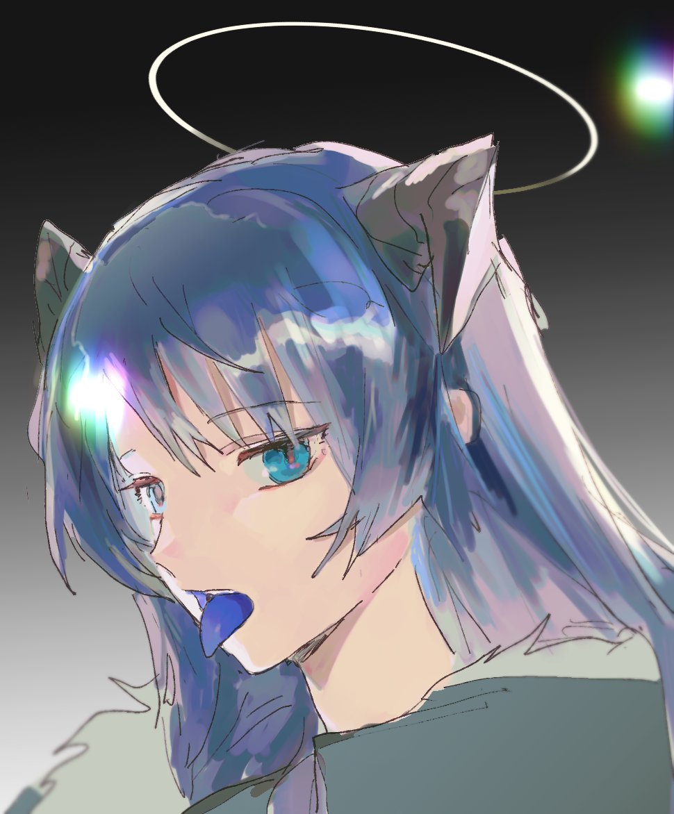 1girl arknights black_jacket blue_eyes blue_hair blue_tongue colored_tongue dal-gi demon_horns fur-trimmed_jacket fur_trim grey_background halo horns jacket long_hair mostima_(arknights) open_mouth portrait simple_background sketch solo tongue tongue_out
