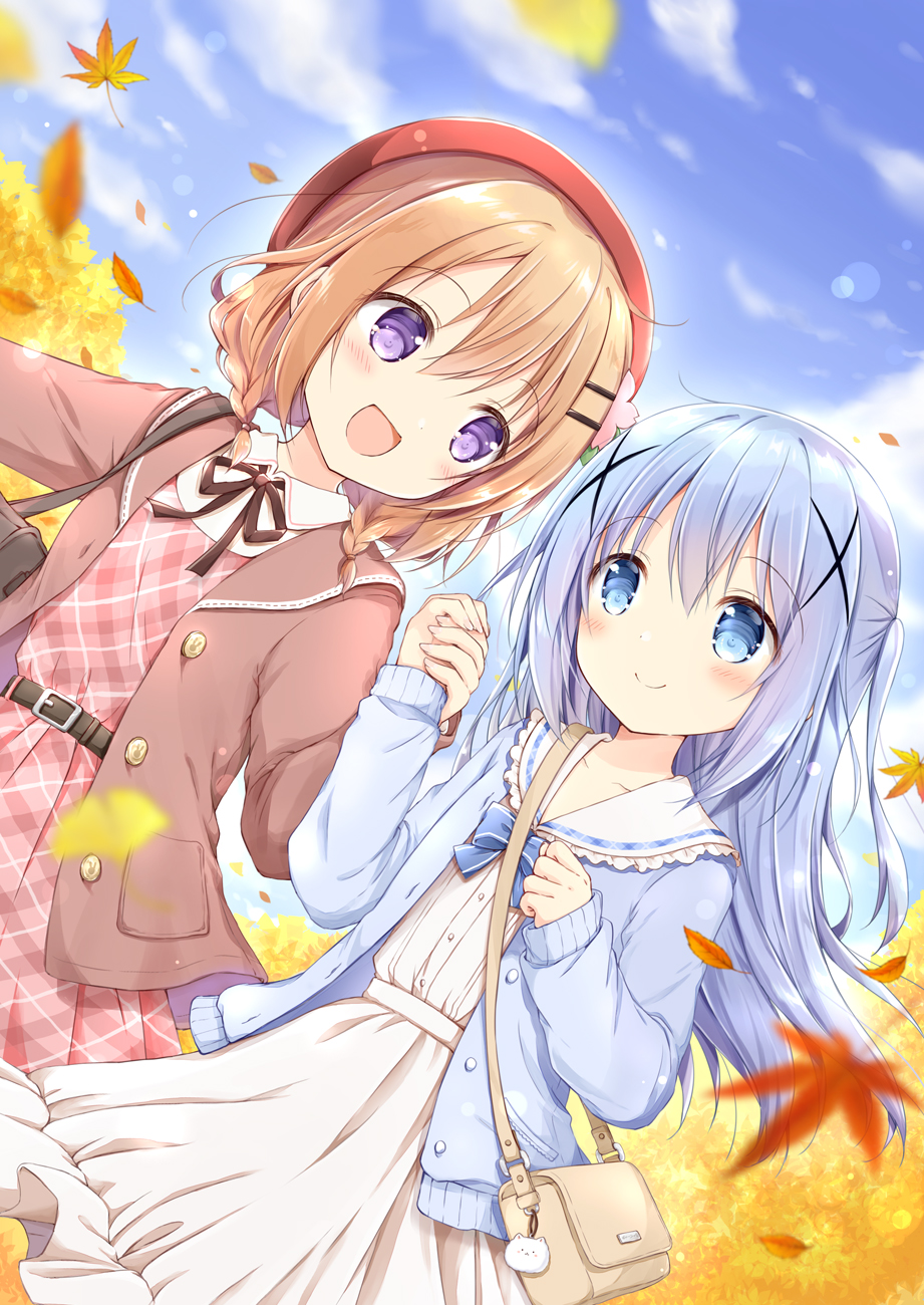 2girls :d autumn_leaves bag bag_charm beret blue_eyes blue_hair blue_jacket blue_sky braid brown_hair brown_jacket brown_ribbon charm_(object) closed_mouth clouds collared_shirt commentary_request day dress frilled_sailor_collar frills gochuumon_wa_usagi_desu_ka? hair_ornament hairclip handbag hat highres holding hoto_cocoa jacket kafuu_chino leaf long_hair long_sleeves maple_leaf multiple_girls nanase_miori neck_ribbon open_clothes open_jacket outdoors pink_dress plaid plaid_dress puffy_long_sleeves puffy_sleeves red_headwear ribbon sailor_collar sailor_dress shirt shoulder_bag sky sleeves_past_wrists smile tippy_(gochiusa) twin_braids very_long_hair violet_eyes white_dress white_sailor_collar white_shirt