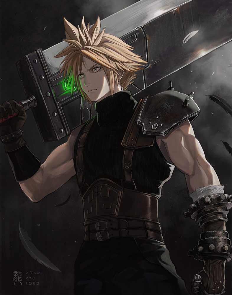 1boy adam_ryu_ford armor artist_name blonde_hair blue_eyes buster_sword closed_mouth cloud_strife commentary earrings final_fantasy final_fantasy_vii final_fantasy_vii_rebirth final_fantasy_vii_remake gloves holding holding_sword holding_weapon huge_weapon jewelry male_focus materia over_shoulder short_hair shoulder_armor single_bare_shoulder sleeveless sleeveless_turtleneck solo spiky_hair stud_earrings suspenders sweater sword toned toned_male turtleneck turtleneck_sweater weapon