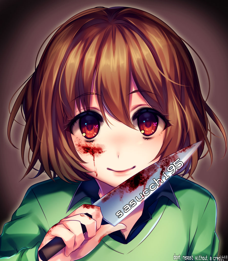 1other artist_name black_collar blood blood_on_face blood_on_weapon brown_hair chara_(undertale) collar collared_shirt green_shirt holding holding_knife holding_weapon knife long_sleeves looking_at_viewer red_eyes sasucchi95 shirt short_hair smile solo undertale weapon