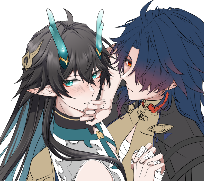 2boys ahoge bandaged_hand bandages black_hair blade_(honkai:_star_rail) blush chest_sarashi chinese_clothes closed_mouth colored_inner_hair covering_mouth dan_heng_(honkai:_star_rail) dan_heng_(imbibitor_lunae)_(honkai:_star_rail) dragon_boy dragon_horns earrings embarrassed expressionless eyeliner go_ya_o green_eyes green_horns hair_between_eyes hair_over_one_eye honkai:_star_rail honkai_(series) horns imminent_kiss interlocked_fingers jewelry long_hair long_sleeves looking_at_viewer makeup male_focus multicolored_hair multiple_boys pointy_ears red_eyeliner sarashi shy simple_background upper_body yaoi