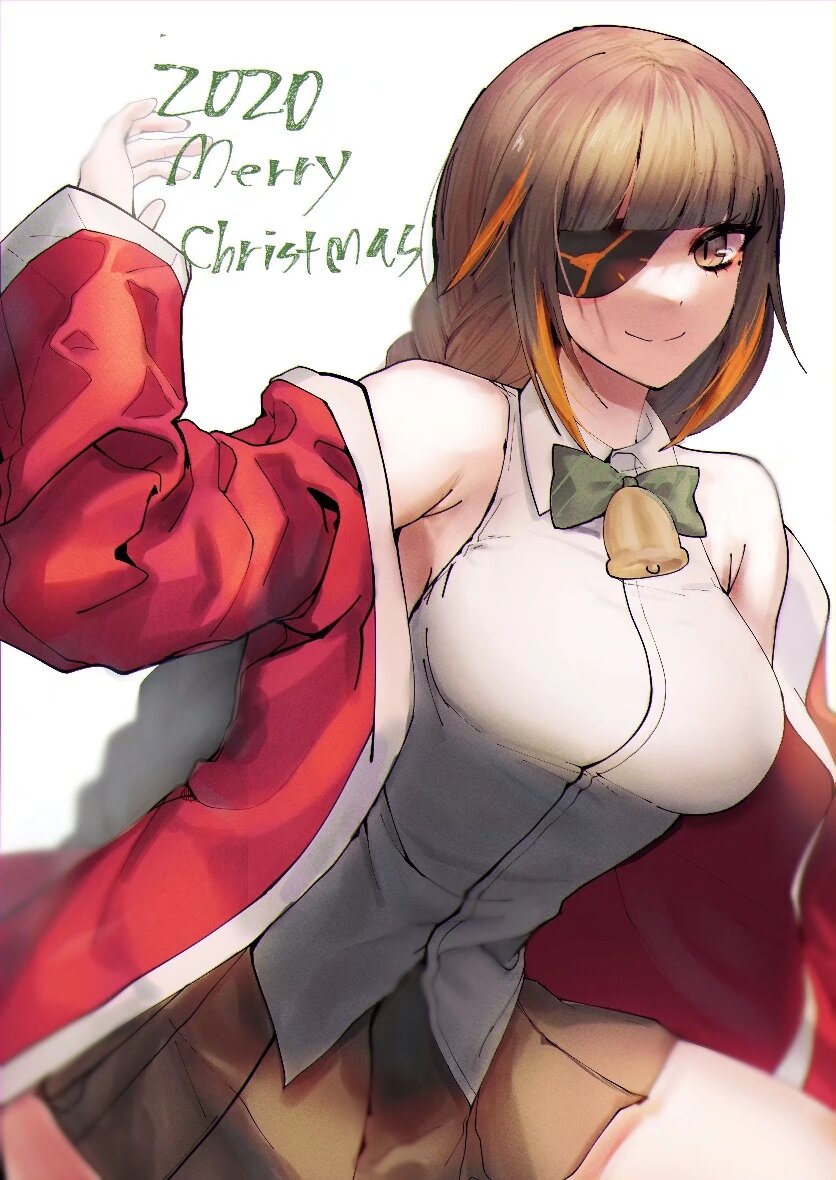 1girl bell brown_eyes brown_hair coat eyepatch girls_frontline looking_at_viewer m16a1_(girls'_frontline) merry_christmas off_shoulder red_coat scar shirt upper_body white_shirt xanax025