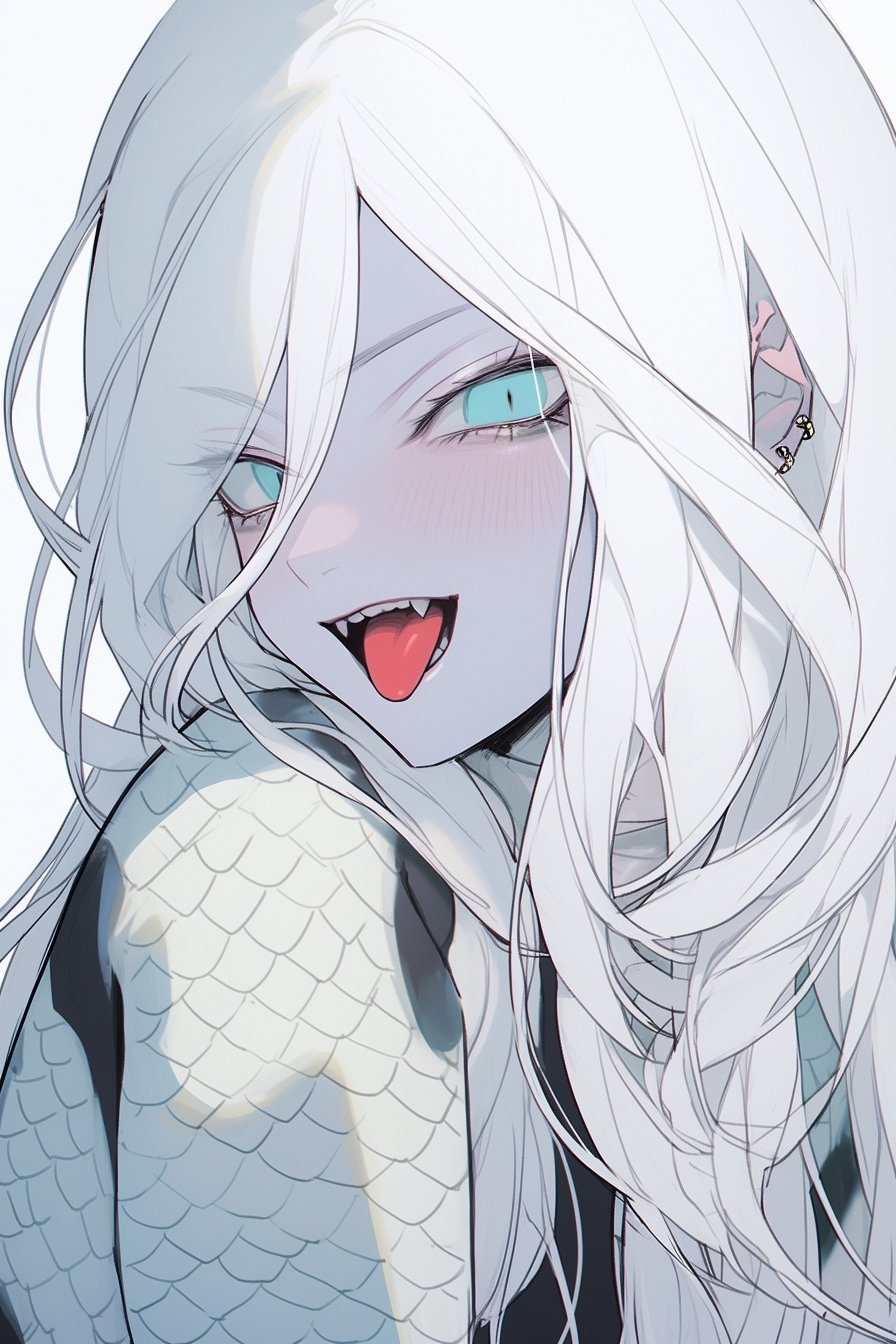 1girl anomimous black_scales black_shirt blue_eyes blush character_request earrings fangs hair_between_eyes highres jewelry medium_hair monster_girl multiple_earrings original scales shirt simple_background slit_pupils solo tongue tongue_out white_background white_hair white_scales