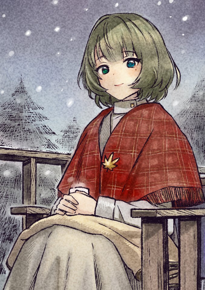 1girl blanket blue_eyes blush brown_skirt capelet chair cup green_eyes green_hair heterochromia holding holding_cup idolmaster idolmaster_cinderella_girls jewelry looking_at_viewer mole mole_under_eye oumi_mizu pine_tree red_capelet sitting skirt smile snowing solo sweater takagaki_kaede tree turtleneck turtleneck_sweater white_sweater