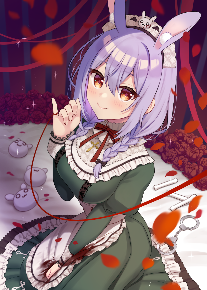 1girl animal_ear_fluff animal_ears apron black_bow blood blood_on_clothes blush bow braid breasts brown_eyes cartoon_bone closed_mouth cuffs dress flower frilled_apron frills green_dress hair_between_eyes hair_bow hair_over_shoulder hand_up handcuffs highres himesaki_yuzuru juliet_sleeves long_hair long_sleeves looking_at_viewer low_twintails medium_breasts mole mole_under_eye noripro petals puffy_sleeves purple_hair rabbit_ears red_bow red_flower red_rose rose smile solo string string_around_finger string_of_fate sumisaki_yuzuna twin_braids twintails virtual_youtuber white_apron