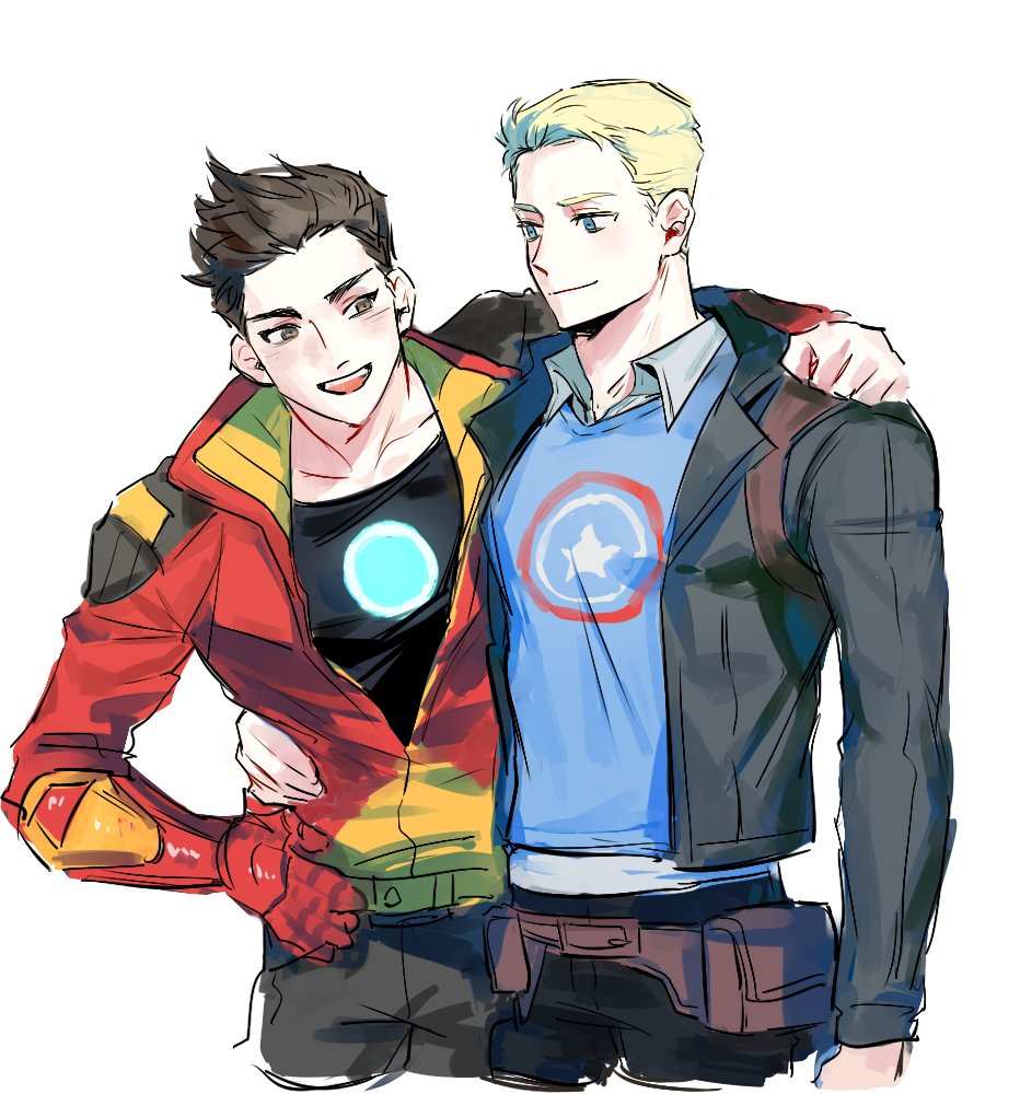 2boys animification arc_reactor avengers_academy belt black_shirt blonde_hair blue_eyes blue_pants blush brown_belt brown_eyes brown_hair closed_mouth collarbone collared_jacket collared_shirt commentary_request grey_jacket grey_pants hand_on_own_hip jacket korean_commentary long_sleeves looking_at_another male_focus marvel multicolored_clothes multicolored_jacket multiple_boys open_clothes open_jacket open_mouth pants pocket red_jacket rro_hr2 shirt short_hair simple_background smile standing star_(symbol) star_print steve_rogers t-shirt teeth tongue tony_stark two-tone_jacket white_background yellow_jacket