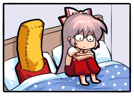 1girl bed_sheet bow chibi closed_mouth commentary fujiwara_no_mokou hair_between_eyes hair_bow jokanhiyou knees knees_up long_hair lowres no_nose on_bed pants pillow pink_hair red_bow red_pants shirt sitting suspenders symbol-only_commentary touhou two-tone_bow very_long_hair white_bow white_shirt
