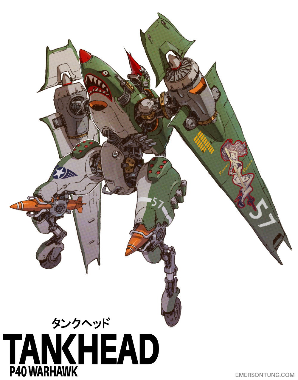 bomb emerson_tung explosive fighter_plane highres kill_markings mecha mecha_focus mechanization no_humans original p-40_warhawk pinup_(style) robot science_fiction shark_head standing united_states_air_force wheel white_background