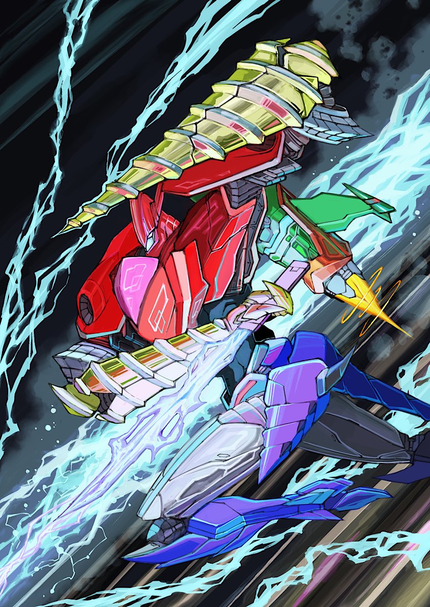 armor blue_armor drill drill_hand electricity energy_sword energy_weapon getter_go getter_robo getter_robo_go getter_sho green_armor high_heels highres holding holding_sword holding_weapon jetpack lightning mecha multicolored_armor no_humans red_armor robot science_fiction super_robot sword thrusters weapon yamanushi
