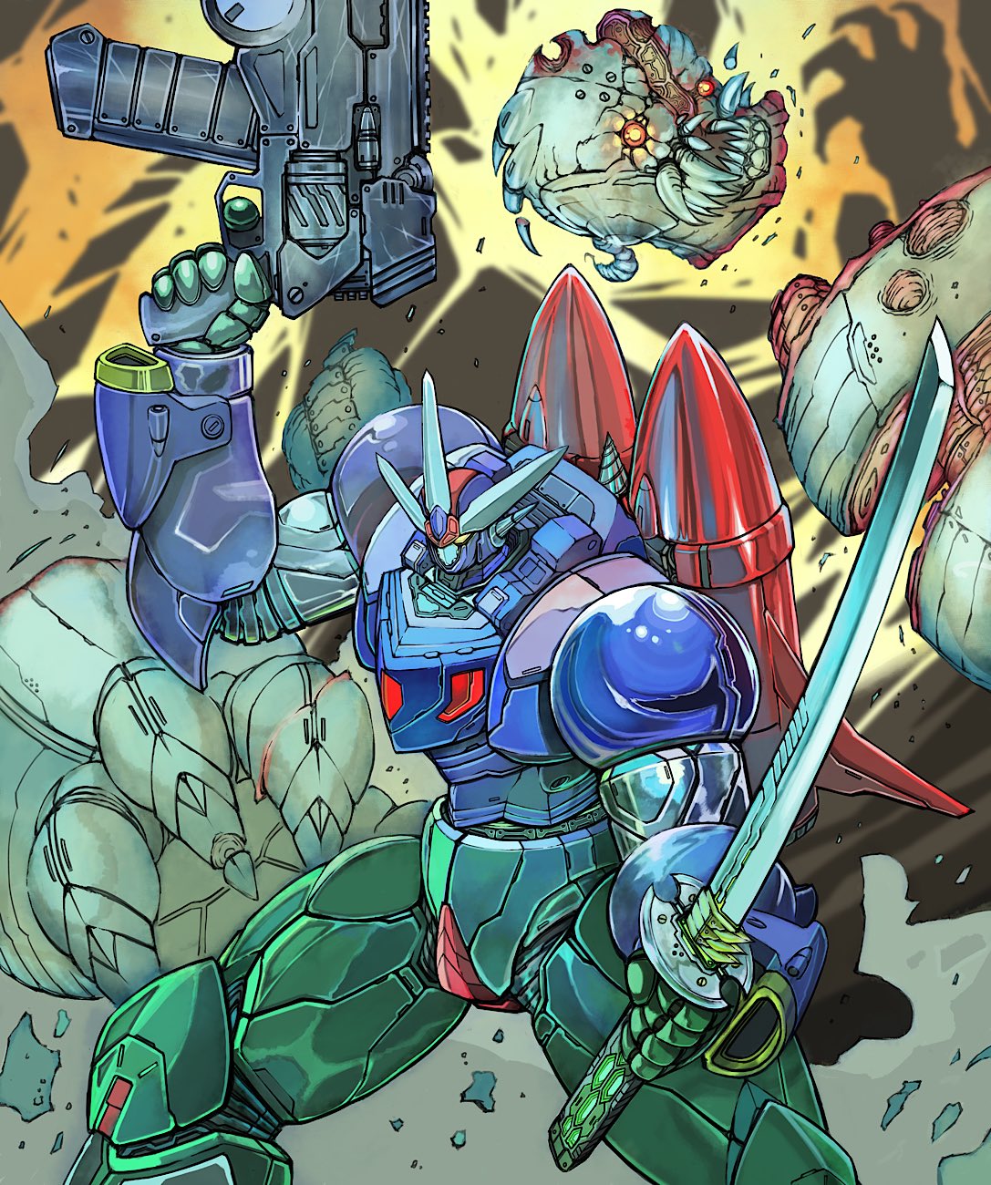 armor biomechanical blue_armor bullet_hole decapitation drill dual_wielding getter_go getter_robo getter_robo_go glowing glowing_eyes green_armor gun highres holding holding_gun holding_sword holding_weapon jetpack katana mecha monster multicolored_armor no_humans red_armor red_eyes robot science_fiction sharp_teeth sliced super_robot sword teeth thrusters weapon yamanushi yellow_eyes