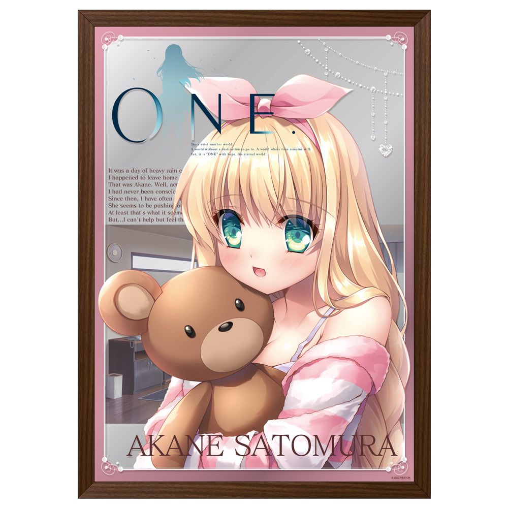 1girl blonde_hair blush bow_hairband braid camisole comiket_102 commentary_request english_text green_eyes hairband hinoue_itaru holding holding_stuffed_toy indoors long_hair looking_at_viewer official_art one_-_kagayaku_kisetsu_e open_mouth pajamas pink_hair satomura_akane smile solo striped striped_pajamas stuffed_animal stuffed_toy teddy_bear upper_body