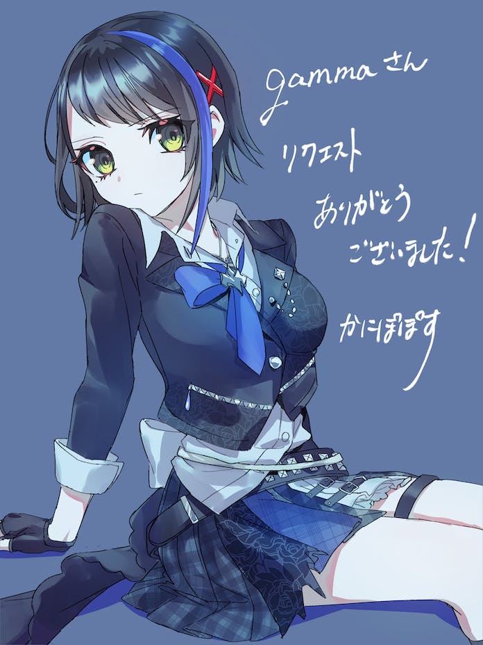 1girl arm_support black_gloves black_hair black_jacket black_skirt blue_hair blue_neckerchief breasts closed_mouth collared_shirt commentary_request commission cosplay cropped_jacket denonbu gloves green_eyes hair_ornament idol_clothes idolmaster idolmaster_cinderella_girls invisible_chair jacket kanipoposu large_breasts long_sleeves looking_at_viewer multicolored_hair neckerchief next_frontier_(idolmaster) pleated_skirt seto_mitsuki_(denonbu) shirt short_hair sitting skeb_commission skirt solo streaked_hair thigh_strap white_shirt x_hair_ornament