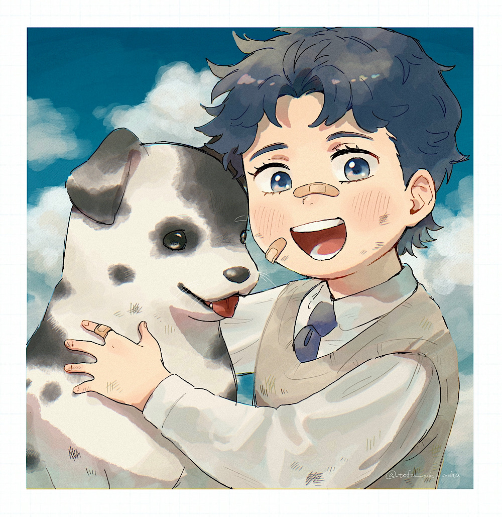 1boy :d aged_down artist_name bandaid bandaid_on_cheek bandaid_on_face bandaid_on_hand bandaid_on_nose blue_eyes blue_hair blue_necktie blue_sky blush border child clouds cloudy_sky collared_shirt danny_(jojo) dirty dirty_clothes dirty_face dog film_grain great_dane grey_sweater_vest hand_on_animal jojo_no_kimyou_na_bouken jonathan_joestar long_sleeves looking_at_viewer male_focus necktie phantom_blood puppy shirt sky smile sweater_vest tofu_wk_mha tongue tongue_out twitter_username white_border white_shirt