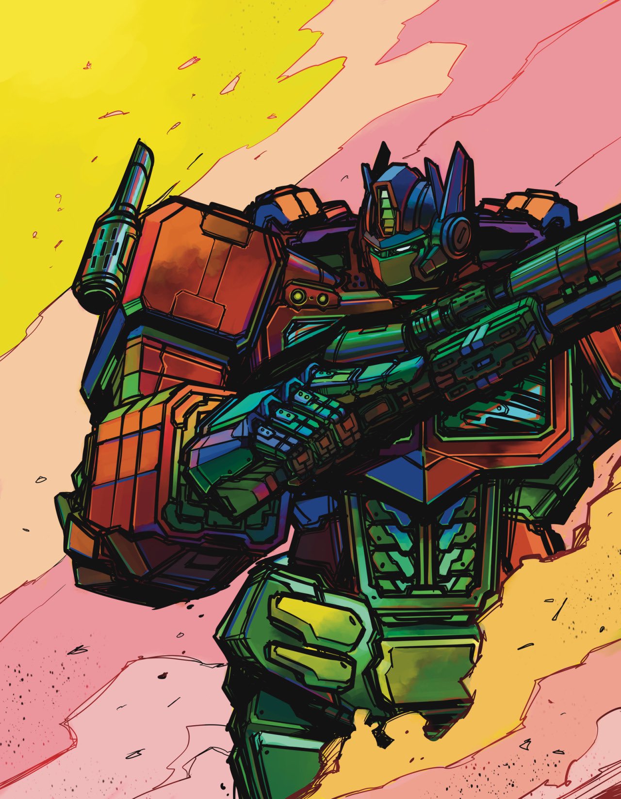 armor blue_armor colored_smoke dust_cloud exhaust exhaust_pipe faceplate fins green_light gun highres holding holding_gun holding_weapon mecha multicolored_armor no_humans optimus_prime red_armor robot science_fiction smoke transformer transformers weapon white_eyes yamanushi