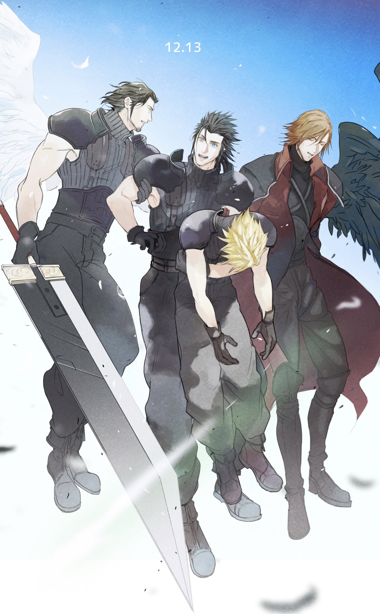 2b_fff 4boys angeal_hewley armor baggy_pants belt black_gloves black_hair black_pants black_shirt black_wings blonde_hair blue_eyes blurry blurry_foreground boots brown_hair buster_sword chinstrap_beard cloud_strife crisis_core_final_fantasy_vii dated facial_hair falling_feathers feathered_wings final_fantasy final_fantasy_vii final_fantasy_vii_remake full_body genesis_rhapsodos gloves hair_between_eyes hair_slicked_back head_down highres holding holding_another's_arm holding_sword holding_weapon jacket male_focus multiple_belts multiple_boys open_mouth pants red_jacket shirt shoulder_armor sideburns single_wing sleeveless sleeveless_turtleneck spiky_hair suspenders swept_bangs sword turtleneck weapon white_wings wings zack_fair