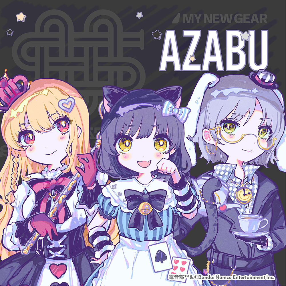 3girls :d alice_(alice_in_wonderland) alice_(alice_in_wonderland)_(cosplay) alice_in_wonderland animal_ears arm_warmers bell black_bow black_hair black_jacket black_skirt blonde_hair blue_bow blue_dress blush bow card cat_ears cat_tail chain closed_mouth collared_dress collared_shirt commentary_request copyright_name copyright_notice cosplay crown denonbu dress gloves green_eyes grey_hair haijima_ginka hair_bow hair_ornament hand_on_own_hip hand_up heart heart_hair_ornament high-waist_skirt holding holding_saucer holding_scepter holding_teapot jacket jewelry jingle_bell kiato kurogane_tama long_hair long_sleeves looking_at_viewer multiple_girls necklace official_alternate_costume official_art open_mouth pendant_watch playing_card queen_of_hearts_(alice_in_wonderland) queen_of_hearts_(alice_in_wonderland)_(cosplay) rabbit_ears red_eyes red_gloves saucer scepter second-party_source shirokane_aki shirt short_hair short_sleeves skirt smile spade_(shape) striped striped_dress tail teapot vertical-striped_dress vertical_stripes white_rabbit_(alice_in_wonderland) white_rabbit_(alice_in_wonderland)_(cosplay) white_shirt yellow_eyes