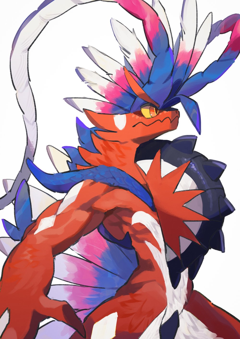 animal_focus blue_hair claws colored_sclera colored_skin fangs hi_x00 highres koraidon multicolored_hair muscular no_humans orange_eyes pink_hair pokemon pokemon_(creature) red_skin skin_fangs slit_pupils solo white_hair yellow_sclera