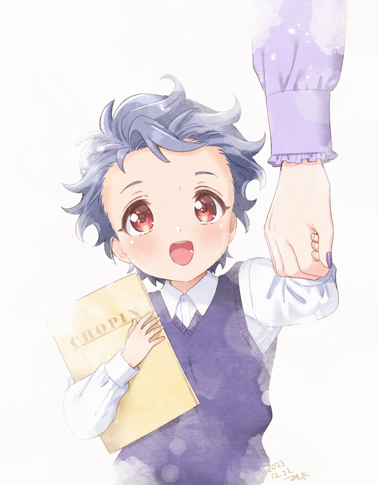 1boy 1girl aged_down artist_name blue_vest blush book child collared_shirt dated grey_hair happy holding holding_book holding_hands krudears long_sleeves mother_and_son open_mouth purple_sleeves red_eyes sheet_music shirt shitara_seiji short_hair smile sweater_vest tokimeki_memorial tokimeki_memorial_girl's_side_3rd_story vest white_background white_shirt