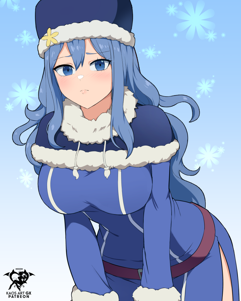 1girl artist_name blue_background blue_eyes blue_hair breasts capelet closed_mouth commentary fairy_tail frown fur-trimmed_capelet fur_trim juvia_lockser kaos_art leaning_forward long_hair looking_at_viewer medium_breasts snowflake_background solo