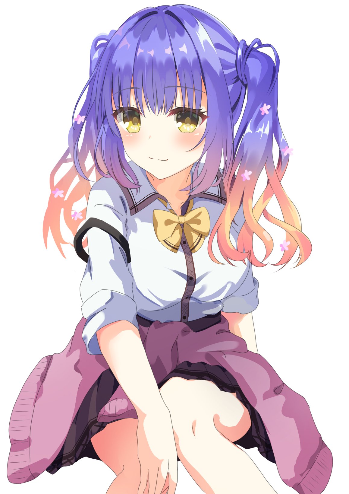 1girl arm_at_side blue_hair blush closed_mouth clothes_around_waist commentary eyelashes feet_out_of_frame flower gradient_hair gyaru hair_between_eyes hair_flower hair_ornament hand_on_own_knee highres kogal kohibari_kurumi long_hair long_sleeves looking_at_viewer multicolored_hair orange_hair pink_flower pink_sweater pnsk4125 school_uniform shirt simple_background sitting skirt sleeves_rolled_up smile solo split_mouth strap_slip suspender_skirt suspenders sweater tenshi_souzou_re-boot! twintails white_background white_shirt
