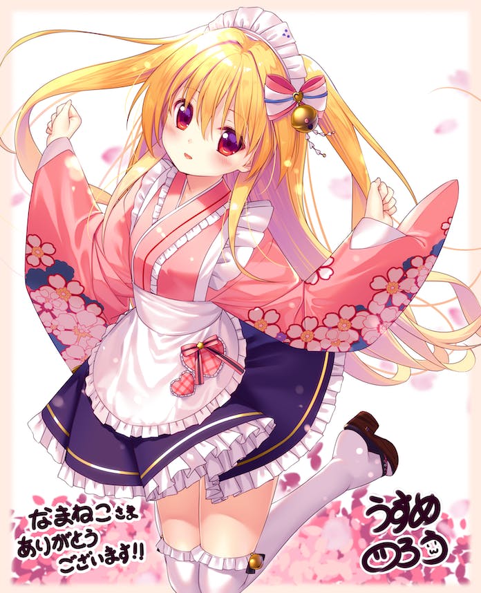 1girl alternate_costume apron bell blonde_hair blue_skirt blush bow brown_footwear cherry_blossoms commentary_request commission enmaided floating_hair floral_print frilled_apron frilled_skirt frilled_thighhighs frills hair_bell hair_between_eyes hair_bow hair_ornament hands_up happy irotoridori_no_sekai japanese_clothes jumping kimono knees_out_of_frame long_hair long_sleeves looking_at_viewer maid maid_apron maid_headdress midair multicolored_bow nikaidou_shinku open_mouth pink_kimono red_eyes sandals sidelocks signature simple_background skeb_commission skirt smile solo thigh-highs two_side_up usume_shirou very_long_hair w_arms wa_maid white_apron white_background white_thighhighs wide_sleeves