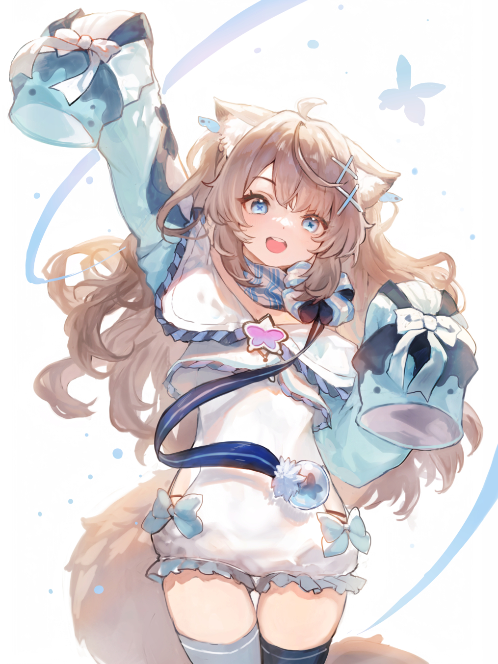 1girl ahoge animal_ear_fluff brown_hair enominya_andi hair_ornament highres long_hair melonyx open_mouth scarf sibyl sleeves_past_fingers sleeves_past_wrists smile solo two_side_up virtual_youtuber x_hair_ornament