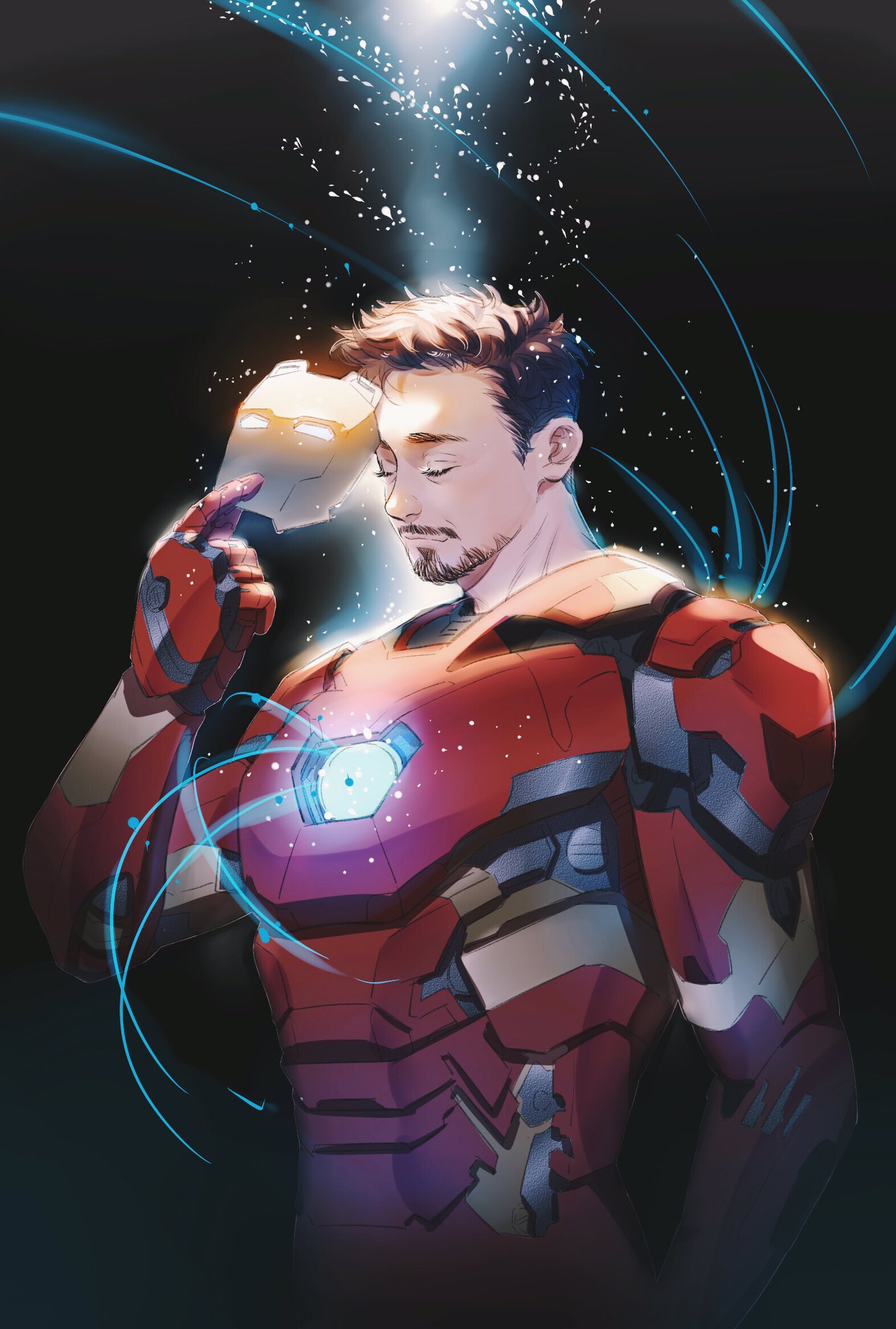 1boy arc_reactor armor avengers_(series) black_background brown_hair closed_eyes closed_mouth facial_hair full_armor grey_armor hand_up highres holding holding_mask iron_man male_focus marvel marvel_cinematic_universe mask multicolored_armor power_armor red_armor short_hair simple_background smile solo standing superhero tony_stark uniiii yellow_armor