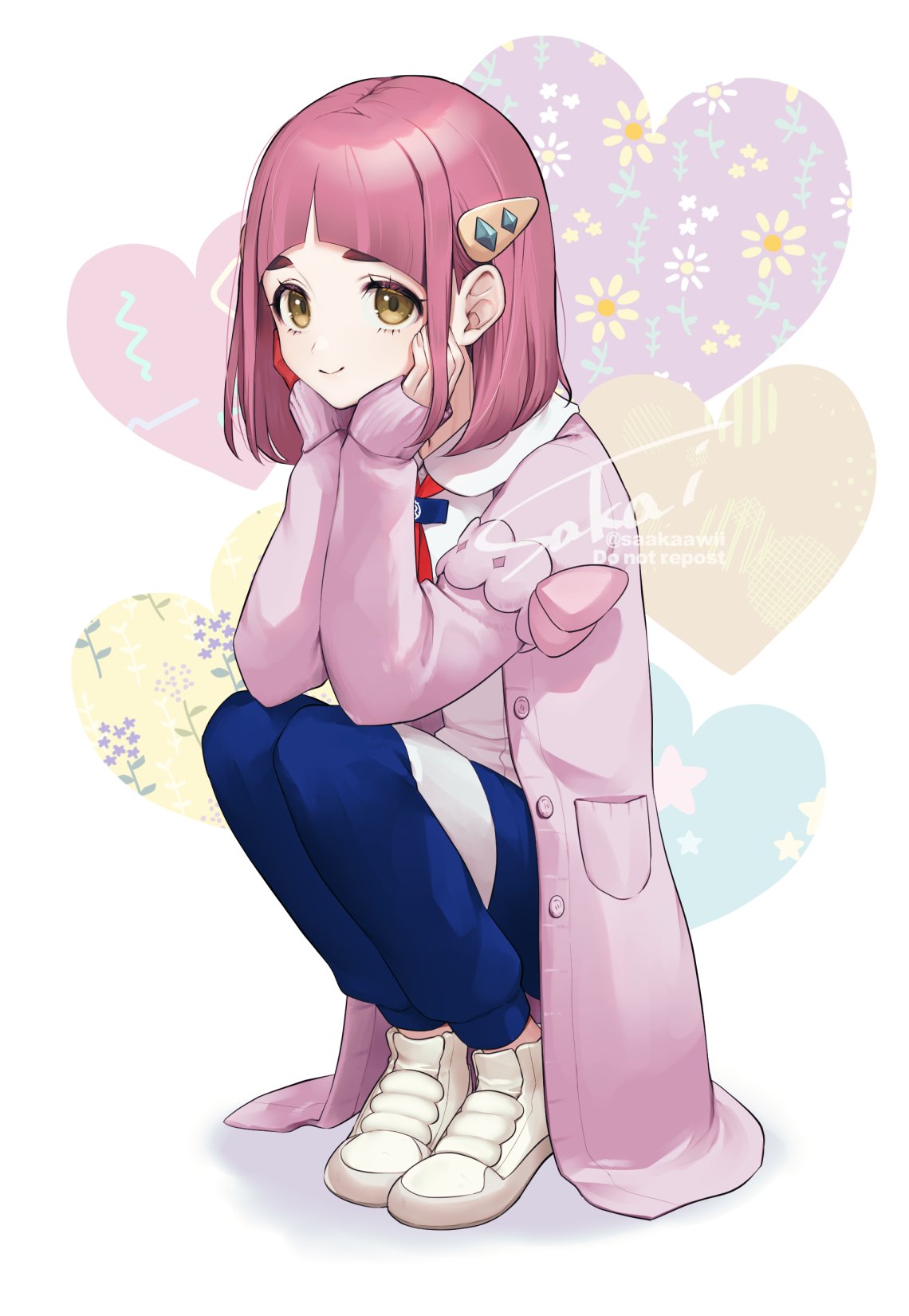 1girl blue_pants brown_eyes buttons cardigan closed_mouth collared_shirt commentary_request eyelashes full_body gloves hair_ornament hairclip hands_up head_rest heart highres lacey_(pokemon) medium_hair neckerchief open_cardigan open_clothes pants pink_cardigan pink_hair pokemon pokemon_sv red_gloves red_neckerchief sakai_(motomei) shirt shoes signature single_glove smile solo squatting white_footwear white_shirt