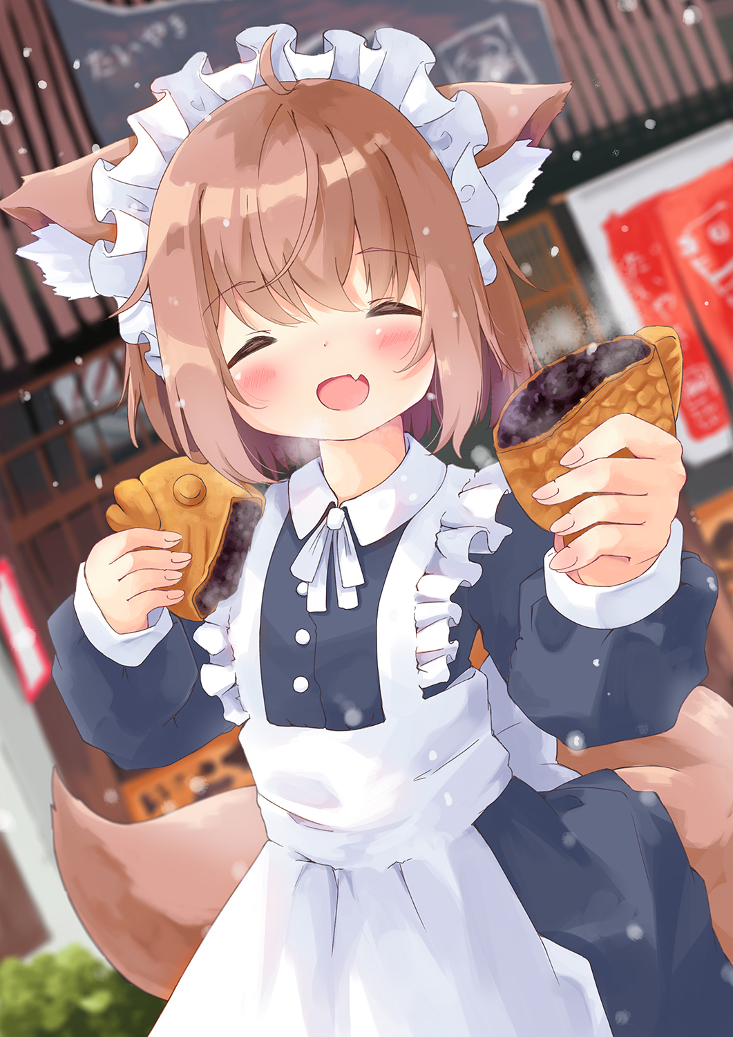 1girl animal_ears apron blue_dress blurry blurry_background blush brown_hair cat_ears cat_girl cat_tail closed_eyes commentary_request depth_of_field dress dutch_angle facing_viewer fang food frilled_apron frills highres long_sleeves maid maid_apron maid_headdress manabe_mana open_mouth original puffy_long_sleeves puffy_sleeves short_hair skin_fang solo tail taiyaki wagashi white_apron