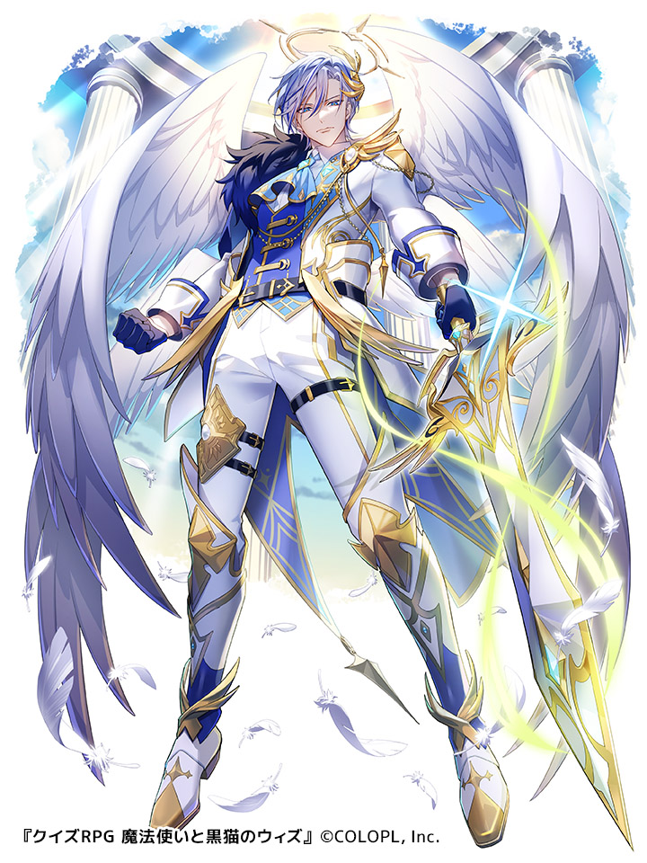1boy angel angel_wings ascot black_gloves blue_ascot blue_eyes blue_hair blue_vest boots brooch clenched_hand clouds collared_shirt compass_rose_halo copyright_notice cuisses curtained_hair day falling_feathers feathers flying fur-trimmed_jacket fur_trim glint gloves gold_trim grey_hair hair_between_eyes hair_ornament halo holding holding_sword holding_weapon jacket jewelry knee_boots lapels looking_at_viewer manomenou multicolored_hair official_art pants pillar poleyn quiz_rpg_the_world_of_mystic_wiz shirt short_hair sky sleeve_cuffs solo streaked_hair sword tailcoat thigh_strap vest weapon white_background white_feathers white_footwear white_jacket white_pants white_shirt white_wings wings