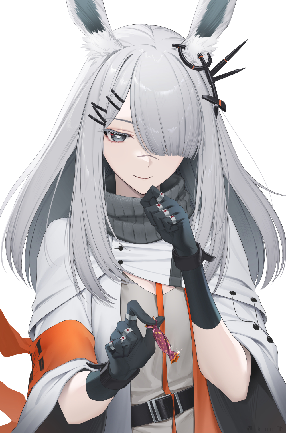 1girl animal_ear_fluff animal_ears arknights black_gloves black_scarf blunt_bangs candy cloak closed_mouth dress eyeshadow food frostnova_(arknights) giving giving_food gloves grey_dress grey_eyes grey_hair hair_ornament hair_over_one_eye hairclip highres holding holding_candy holding_food long_hair looking_at_viewer makeup rabbit_ears rabbit_girl red_eyeshadow roki_(shouka65) scar scar_on_face scar_on_nose scarf short_sleeves simple_background smile solo upper_body white_background white_cloak
