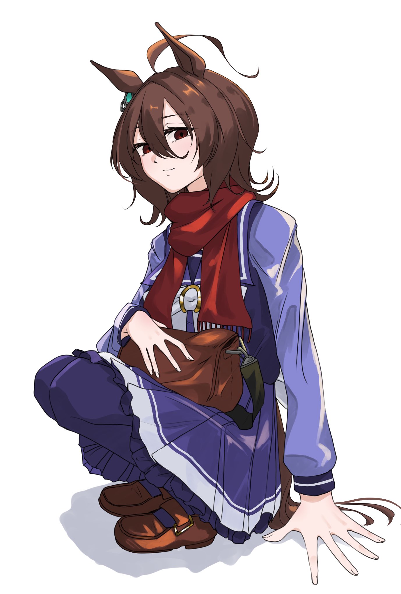 1girl agnes_tachyon_(umamusume) ahoge animal_ears bow bowtie brown_bag brown_footwear brown_hair chemical_structure earrings empty_eyes from_side full_body highres horse_ears horse_girl horse_tail jewelry loafers long_sleeves looking_at_viewer messy_hair pleated_skirt purple_shirt purple_skirt purple_thighhighs red_eyes red_scarf sailor_collar sailor_shirt scarf school_uniform shirt shoes short_hair simple_background single_earring skirt solo squatting tail thigh-highs tracen_school_uniform umamusume white_background white_bow white_bowtie yaegashi_isa