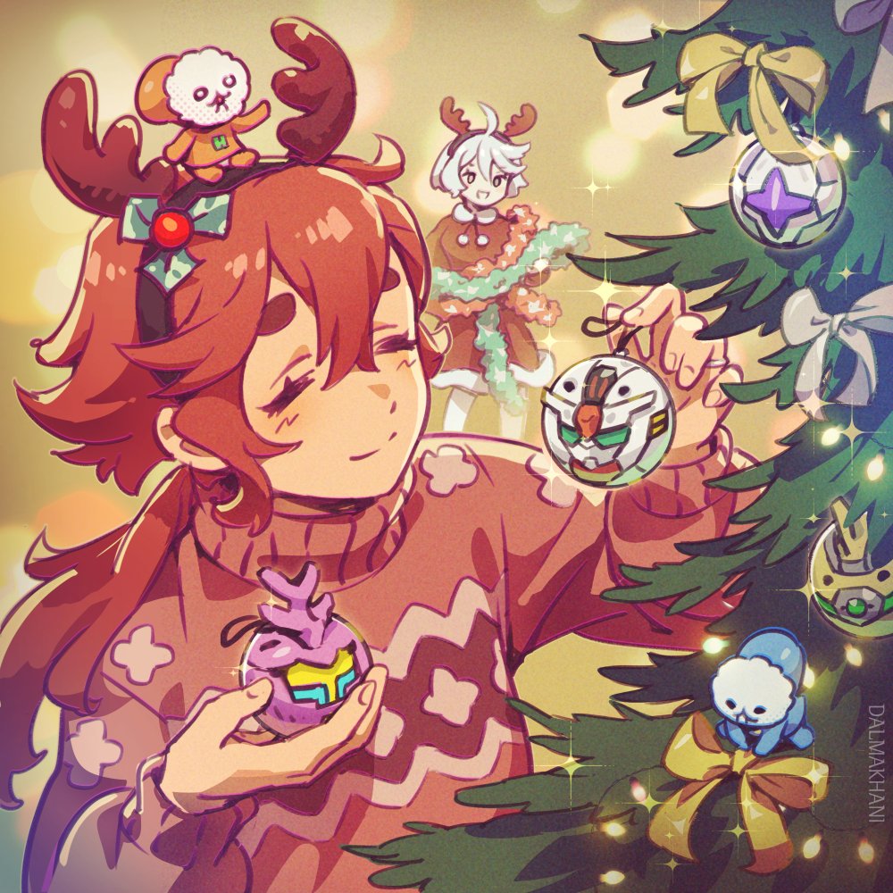 ahoge antlers blush charm_(object) christmas christmas_tree closed_eyes cool_(gundam_suisei_no_majo) dalmakhani3 dress grey_eyes gundam gundam_aerial gundam_suisei_no_majo headband hots_(gundam_suisei_no_majo) jewelry keychain low_ponytail michaelis_(mobile_suit) miorine_rembran redhead reindeer_antlers ring siblings sisters suletta_mercury sweater thick_eyebrows wedding_ring wife_and_wife