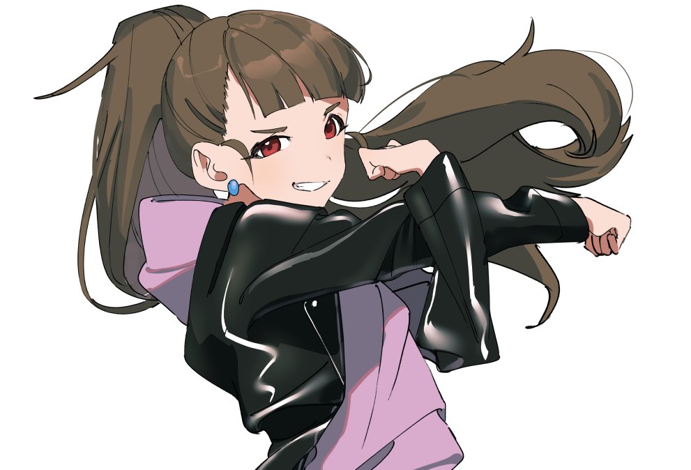 1girl alternate_hairstyle black_jacket blunt_bangs blush breasts brown_hair clenched_hands crossed_arms dot_nose earrings grin hands_up hood hood_down hoodie idolmaster idolmaster_cinderella_girls idolmaster_cinderella_girls_starlight_stage jacket jewelry kamiya_nao long_hair long_sleeves looking_at_viewer medium_breasts open_clothes open_jacket pink_hoodie ponytail red_eyes simple_background smile solo stretching thick_eyebrows upper_body white_background wwwrkgk