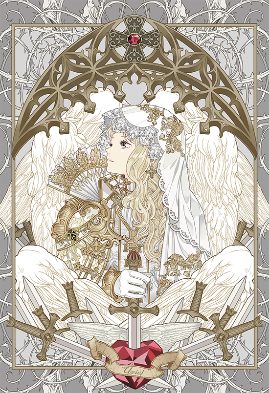 1girl angel angel_wings armor ascot blonde_hair cape character_name collared_jacket cross cross_earrings earrings folding_fan gem gold_trim greek_cross green_eyes grey_background hand_fan heart-shaped_gem holding holding_sword holding_weapon jacket jewelry long_hair long_sleeves looking_to_the_side medal multiple_swords multiple_wings original parted_bangs parted_lips pauldrons picture_frame profile red_gemstone shoulder_armor sleeve_cuffs slothm22 solo stabbed_heart sword thorns upper_body uriel veil wavy_hair weapon white_ascot white_cape white_jacket white_veil white_wings wings