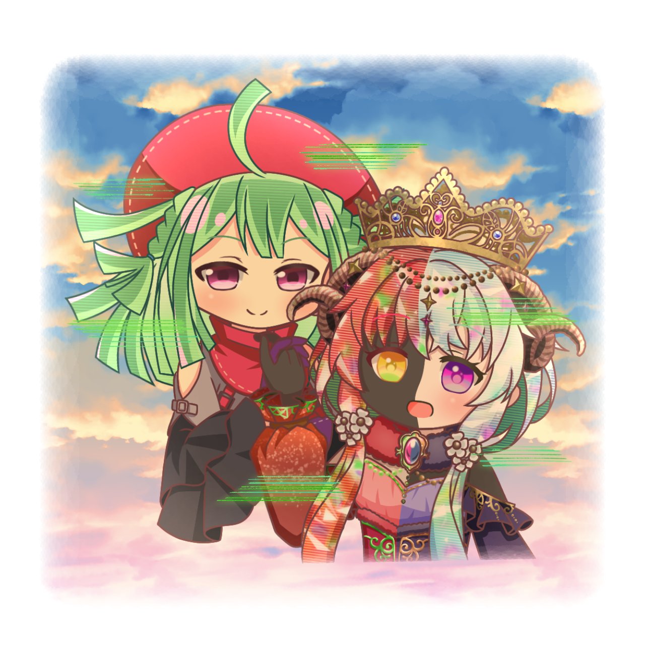 2girls :d ahoge aqua_hair beret black_gloves black_horns black_skin black_sleeves blue_gemstone blue_hair braid character_request closed_mouth clouds colored_skin crown curled_horns detached_sleeves dot_nose dress flower frilled_sleeves frills gem gloves green_gemstone green_hair grey_shirt hair_flower hair_ornament hat heterochromia highres horns jewelry long_hair long_sleeves looking_at_viewer magia_record:_mahou_shoujo_madoka_magica_gaiden magical_girl mahou_shoujo_madoka_magica mamekokko medium_hair multicolored_hair multiple_girls open_mouth pink_hair purple_gemstone red_gemstone red_headwear red_scarf redhead scarf sheep_horns shirt sidelocks sky sleeves_past_fingers sleeves_past_wrists smile soul_gem symbol-shaped_pupils twintails two-tone_hair upper_body violet_eyes white_hair wide_sleeves x-shaped_pupils yellow_eyes