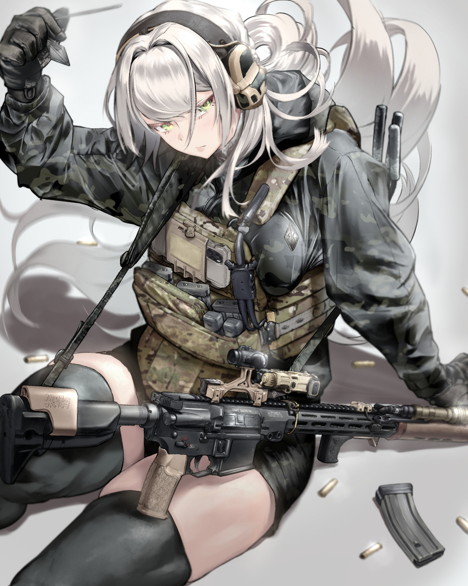 1girl ammunition ammunition_pouch ar-15 arm_support arm_up black_gloves black_jacket breasts duplicate flashlight gloves green_eyes gun gun_sling headset jacket large_breasts long_hair magazine_(weapon) peq phone pixel-perfect_duplicate plate_carrier pouch red_dot_sight rifle shade shorts suppressor tactical_clothes thigh-highs thighs utsucan very_long_hair weapon white_background white_hair