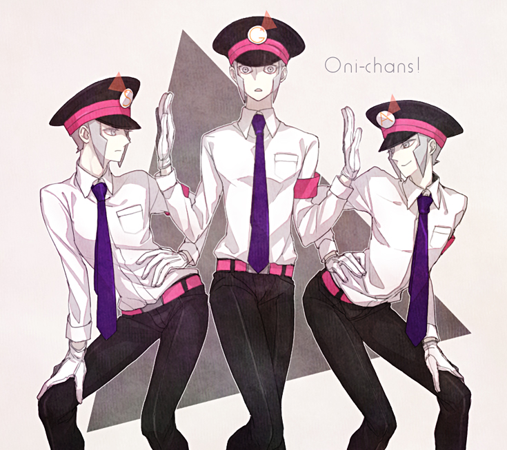 3boys armband black_headwear gloves grey_background grey_eyes grey_hair hand_on_own_hip hand_on_own_thigh hat high_collar ingo_(pokemon) long_sleeves looking_at_viewer looking_to_the_side male_focus multiple_boys multiple_persona necktie pale_skin pants parted_lips peaked_cap pokemon pokemon_bw purple_necktie shirt sideburns simple_background smile white_gloves white_shirt