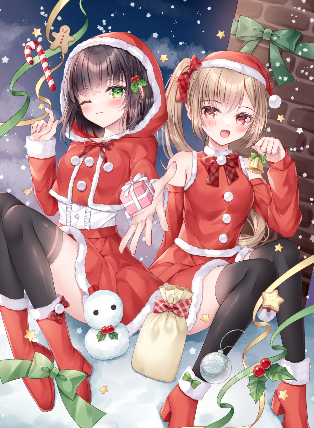 2girls :d ;) bare_shoulders bell black_hair black_thighhighs blush boots boude_miu bow box breasts brown_hair candy candy_cane center_frills chimney christmas closed_mouth clouds cloudy_sky commentary_request cropped_jacket food frills fur-trimmed_boots fur-trimmed_jacket fur-trimmed_shirt fur-trimmed_skirt fur-trimmed_sleeves fur_trim gift gift_box gingerbread_man green_bow green_eyes hair_bow highres holding holding_bell holding_gift hood hood_up hooded_jacket jacket kohinata_hoshimi long_hair long_sleeves looking_at_viewer midorikawa_sakura multiple_girls night night_sky one_eye_closed original outdoors plaid plaid_bow red_bow red_eyes red_footwear red_jacket red_shirt red_skirt shirt side_ponytail skirt sky sleeveless sleeveless_shirt sleeves_past_wrists small_breasts smile snow snowman thigh-highs very_long_hair white_shirt