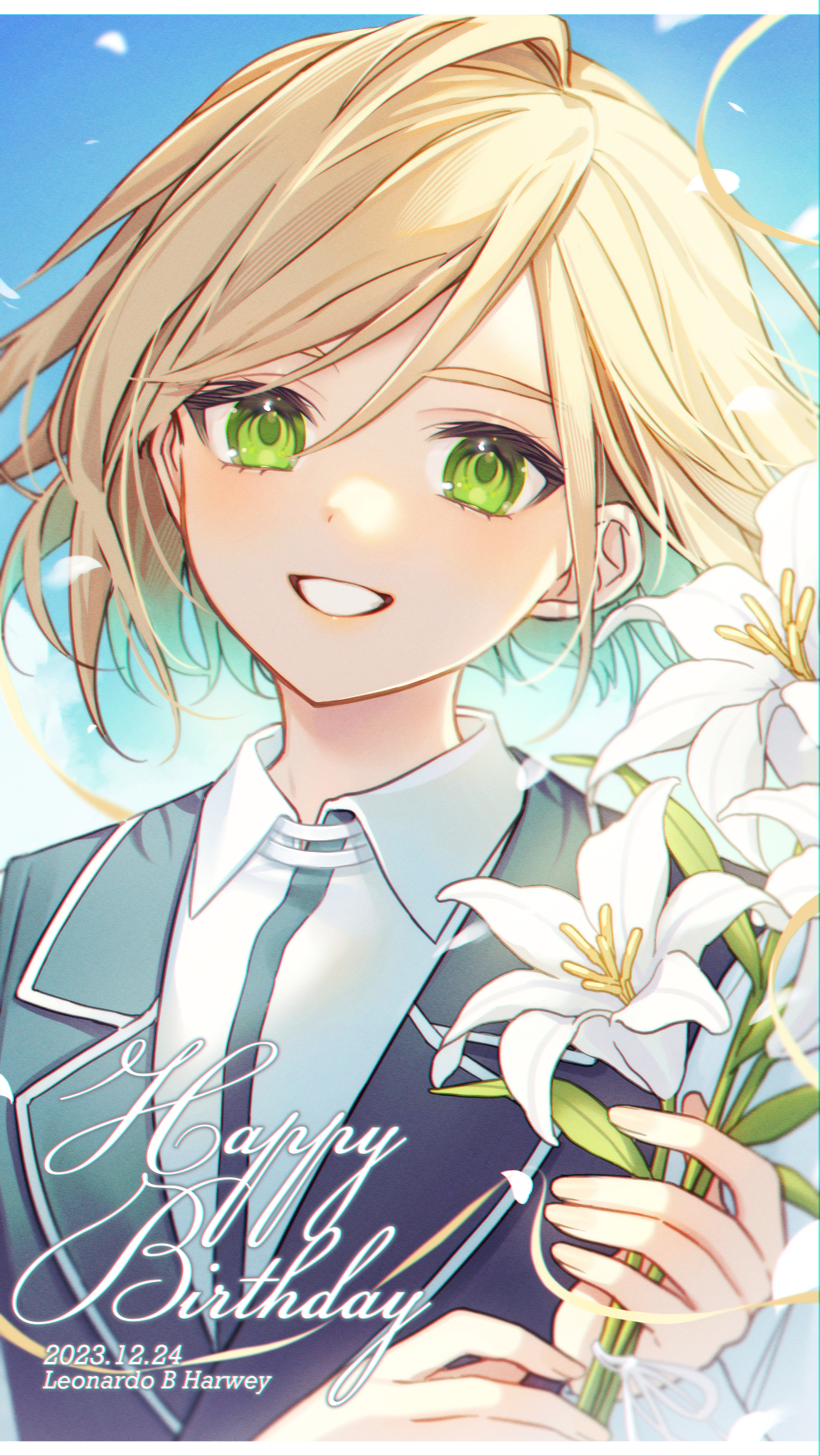 1boy black_jacket blonde_hair character_name collared_shirt commentary_request dated fate/extra fate_(series) flower green_eyes hair_between_eyes happy_birthday highres holding holding_flower jacket karokuchitose leonard_bistario_harway looking_at_viewer male_focus shirt smile solo upper_body white_flower white_shirt