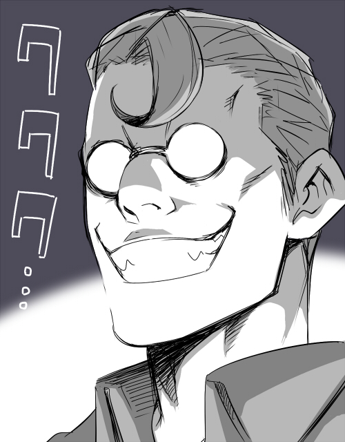 1boy bad_id bad_pixiv_id character_request check_copyright collared_shirt copyright_request evil_smile glasses greyscale hair_slicked_back hellsing mabataki male_focus monochrome opaque_glasses portrait round_eyewear shirt short_hair sideburns smile solo