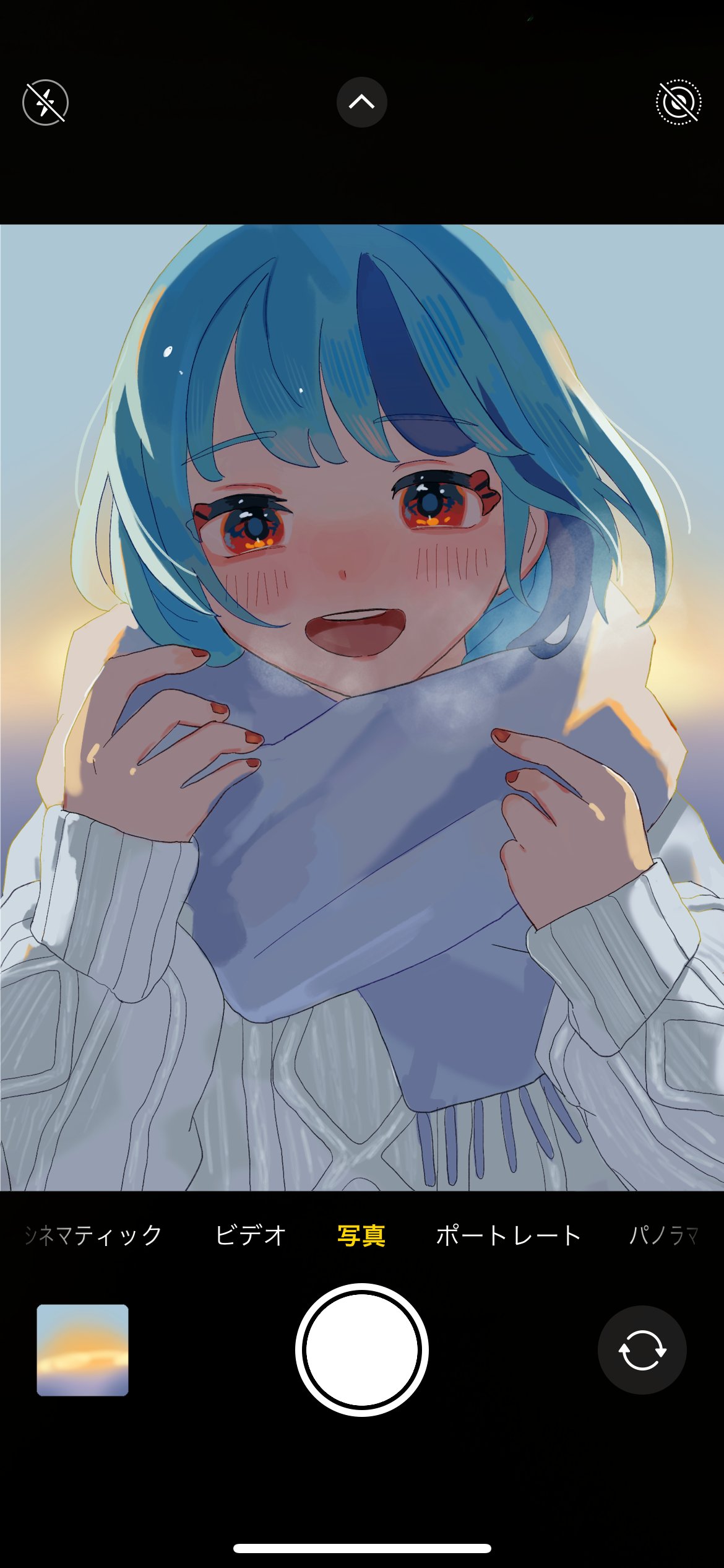 1girl absurdres aran_sweater blue_eyes blue_hair blue_scarf breath cable_knit commentary fake_phone_screenshot fake_screenshot highres knit_sweater long_sleeves looking_at_viewer medium_hair nagomi_(_nagomi_) nail_polish open_mouth original red_eyes red_nails scarf sleeves_past_wrists smile solo straight-on sweater upper_body viewfinder white_sweater