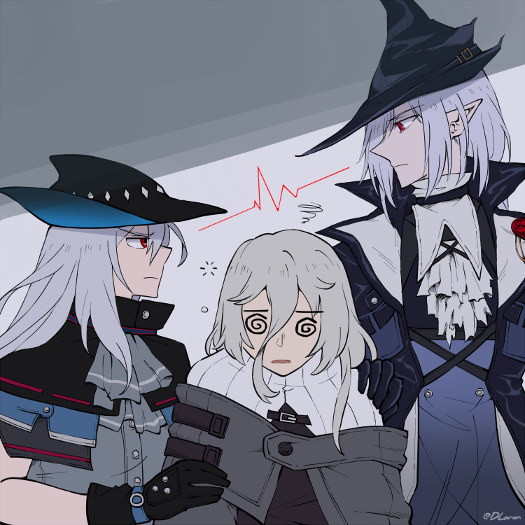 3girls @_@ arknights ascot black_dress black_gloves black_headwear black_jacket dizzy dlanon dress gladiia_(arknights) gloves grey_ascot grey_background grey_dress grey_hair grey_shirt hair_between_eyes hand_on_another's_shoulder height_difference jacket long_sleeves looking_at_another multiple_girls no_headwear open_clothes open_jacket open_mouth pointy_ears profile red_eyes shirt simple_background skadi_(arknights) specter_(arknights) squiggle twitter_username upper_body v-shaped_eyebrows white_ascot