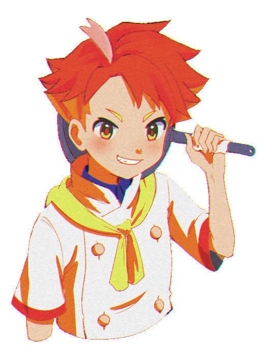 1boy ahoge blue_shirt blush buttons chromatic_aberration collared_shirt commentary_request crispin_(pokemon) frying_pan grin hand_up holding holding_frying_pan jacket male_focus matsuno_opa neckerchief pokemon pokemon_sv red_pupils redhead shirt short_hair short_sleeves smile solo teeth upper_body white_background white_jacket yellow_eyes yellow_neckerchief