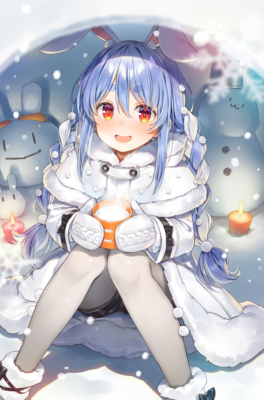 1girl animal_ear_fluff animal_ears black_shorts blue_hair blush boots braid brown_eyes candle capelet coat coat_dress cup fire fur-trimmed_boots fur-trimmed_capelet fur_trim hair_between_eyes highres holding holding_cup hololive igloo knees_together_feet_apart long_hair milk mittens multicolored_hair open_mouth pantyhose rabbit-shaped_pupils rabbit_ears rabbit_girl short_eyebrows shorts sidelocks sitting smile snow snow_rabbit snow_shelter snowflakes snowing snowman solo steam symbol-shaped_pupils thick_eyebrows twin_braids usada_pekora virtual_youtuber white_capelet white_coat white_hair white_mittens white_pantyhose yuuki_hagure