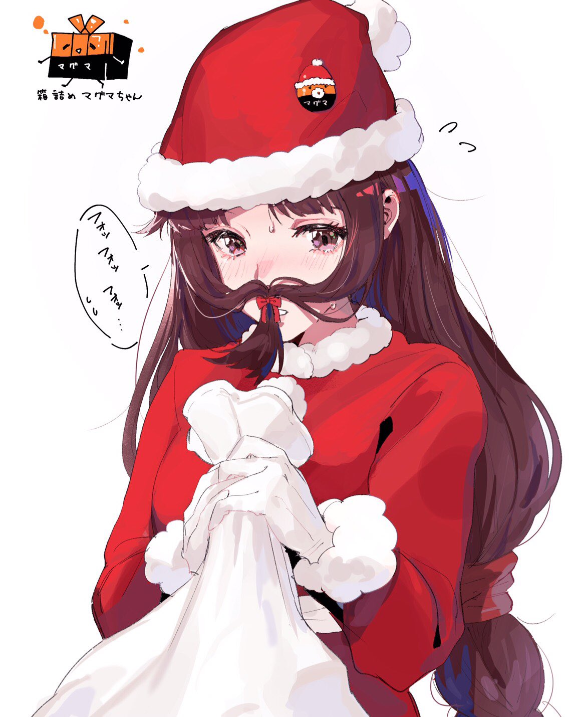 1girl arc_the_lad arc_the_lad_ii blush breasts brown_eyes brown_hair christmas dress fur_trim gloves hair_tie hat highres holding holding_sack lieza_(arc_the_lad) long_hair looking_at_viewer low-tied_long_hair magmastudio sack santa_hat simple_background solo very_long_hair white_background white_gloves