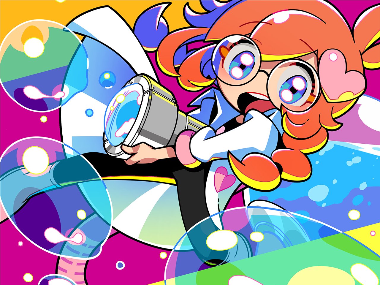 1girl ahoge blue_eyes boots bubble bubble_gun glasses hair_ornament heart heart_hair_ornament lab_coat multicolored_background open_mouth penny_crygor ponytail redhead solo warioware